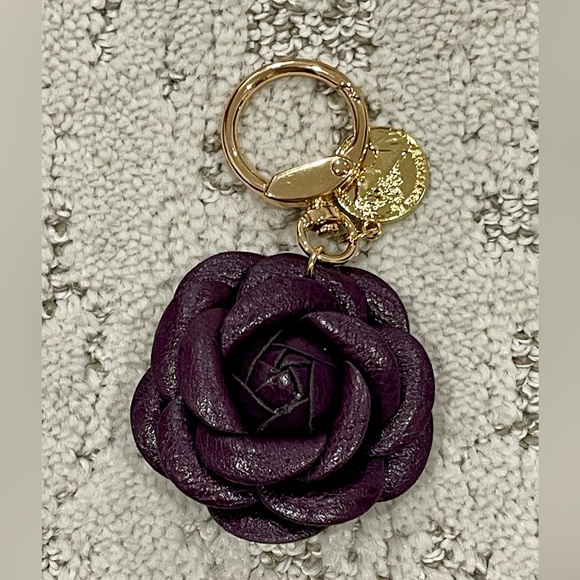 Accessories - Gold-Tone Keyring with Dark Purple Leather Flower Charm